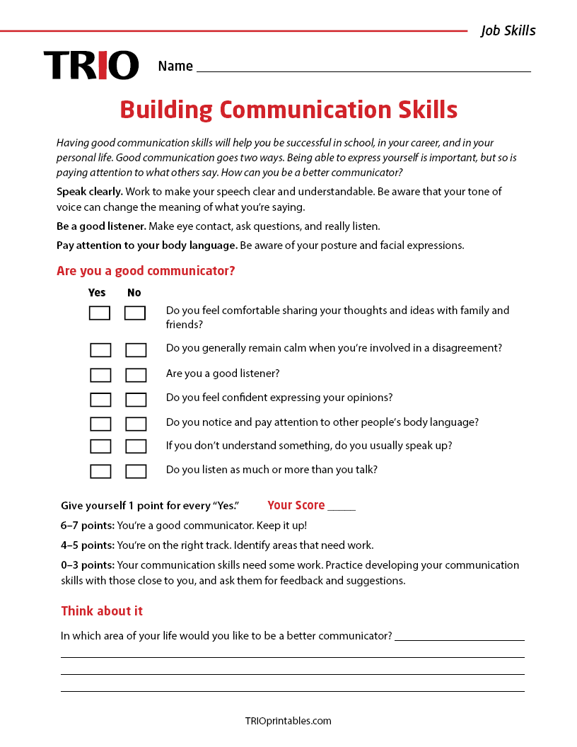 Building Communication Skills Activity Sheet TRIO Printables