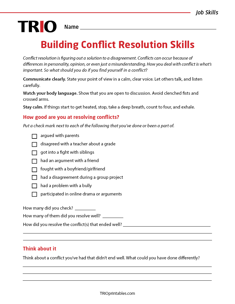 Building Conflict Resolution Skills Activity Sheet