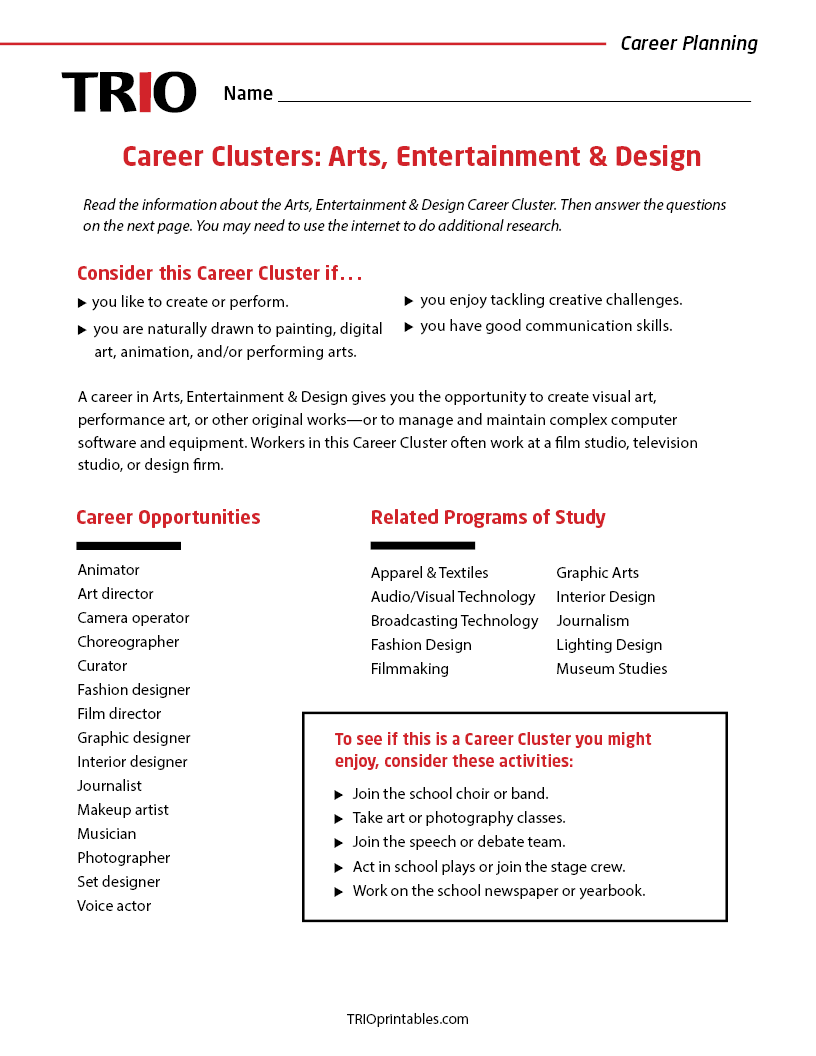 Career Clusters: Arts, Entertainment & Design Activity Sheet