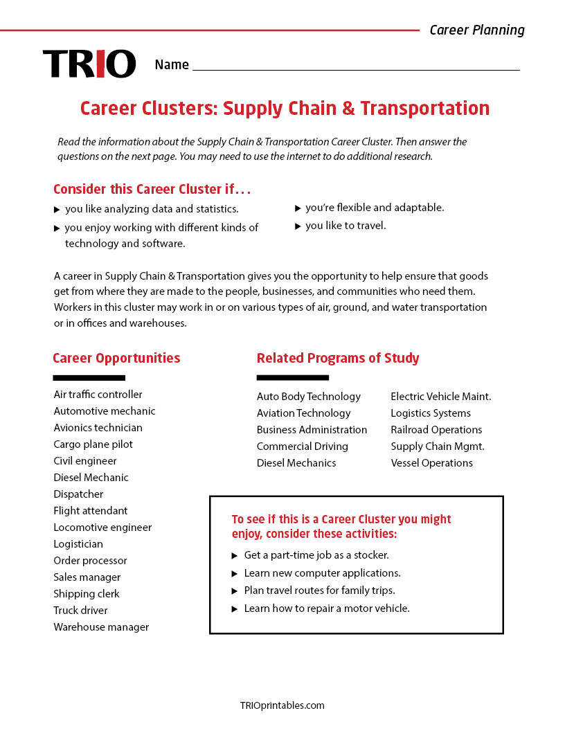 Career Clusters: Supply Chain & Transportation Activity Sheet