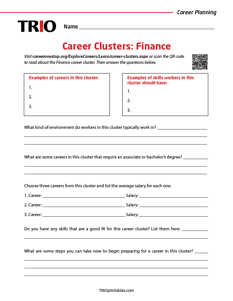 Career Clusters Finance Activity Sheet TRIO Printables