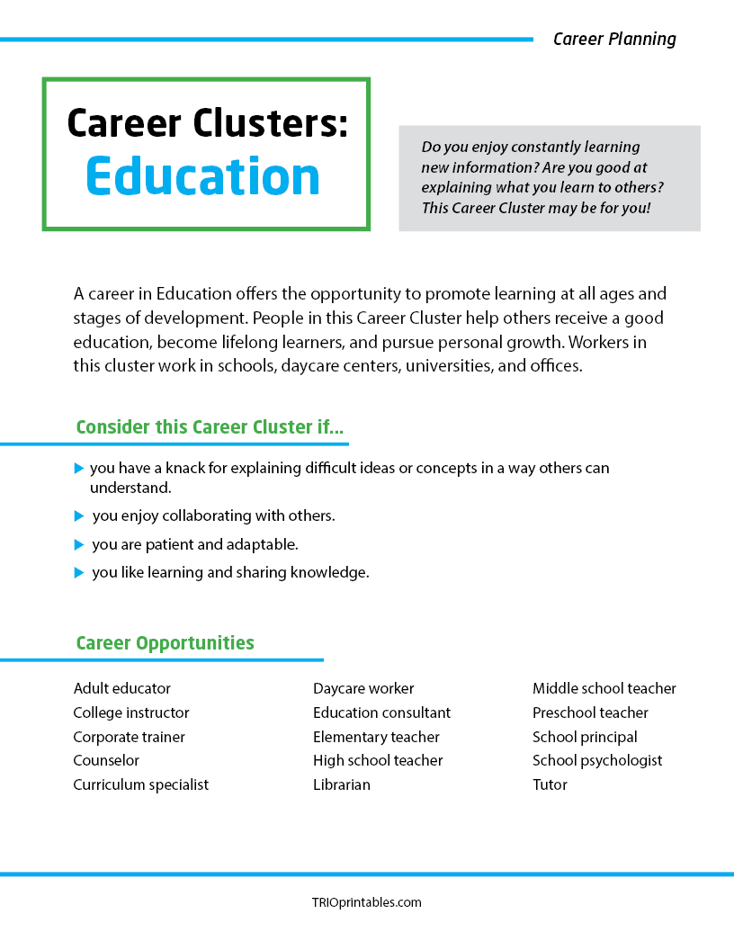 Career Clusters: Education Informational Sheet