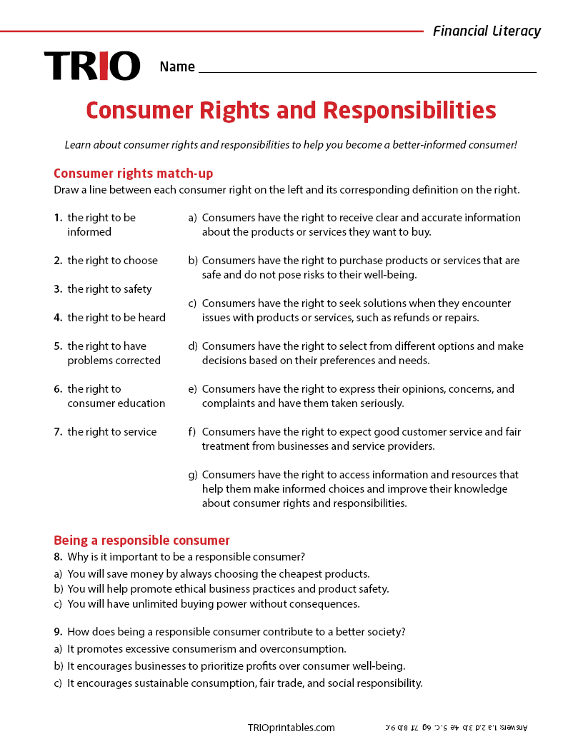 Consumer Rights and Responsibilities Activity Sheet