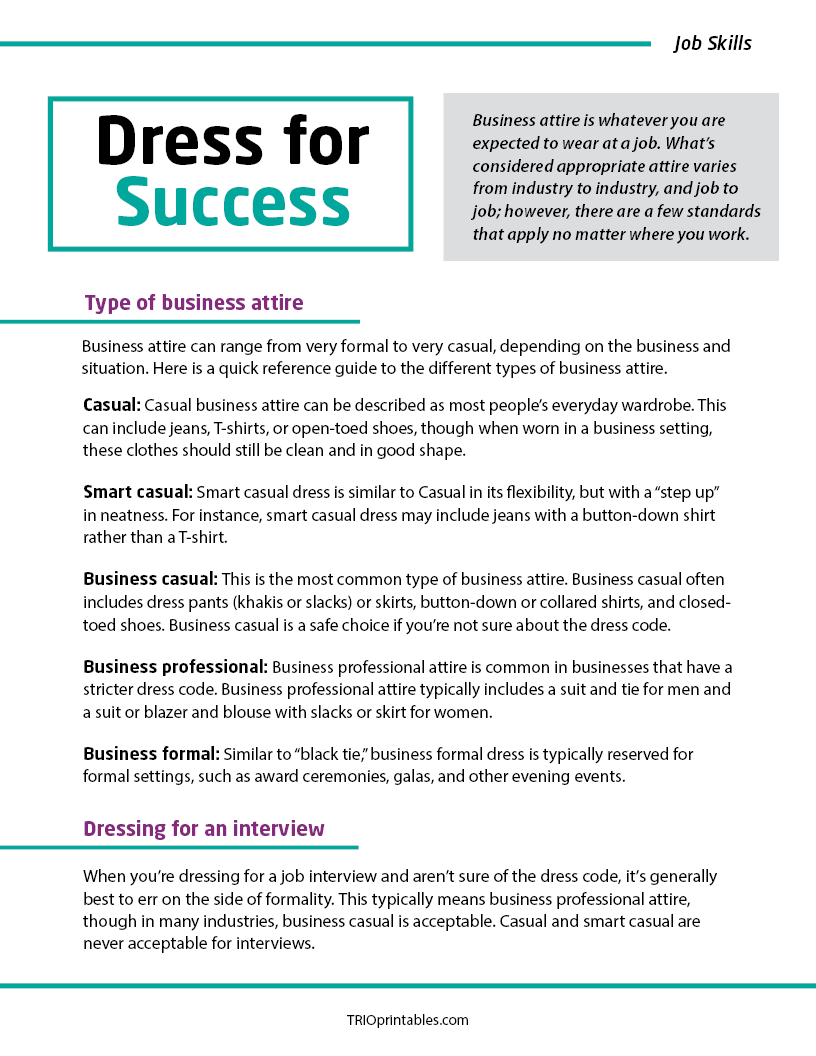 Dress For Success Informational Sheet TRIO Printables dress-for-success-informational-sheet-trio-printables