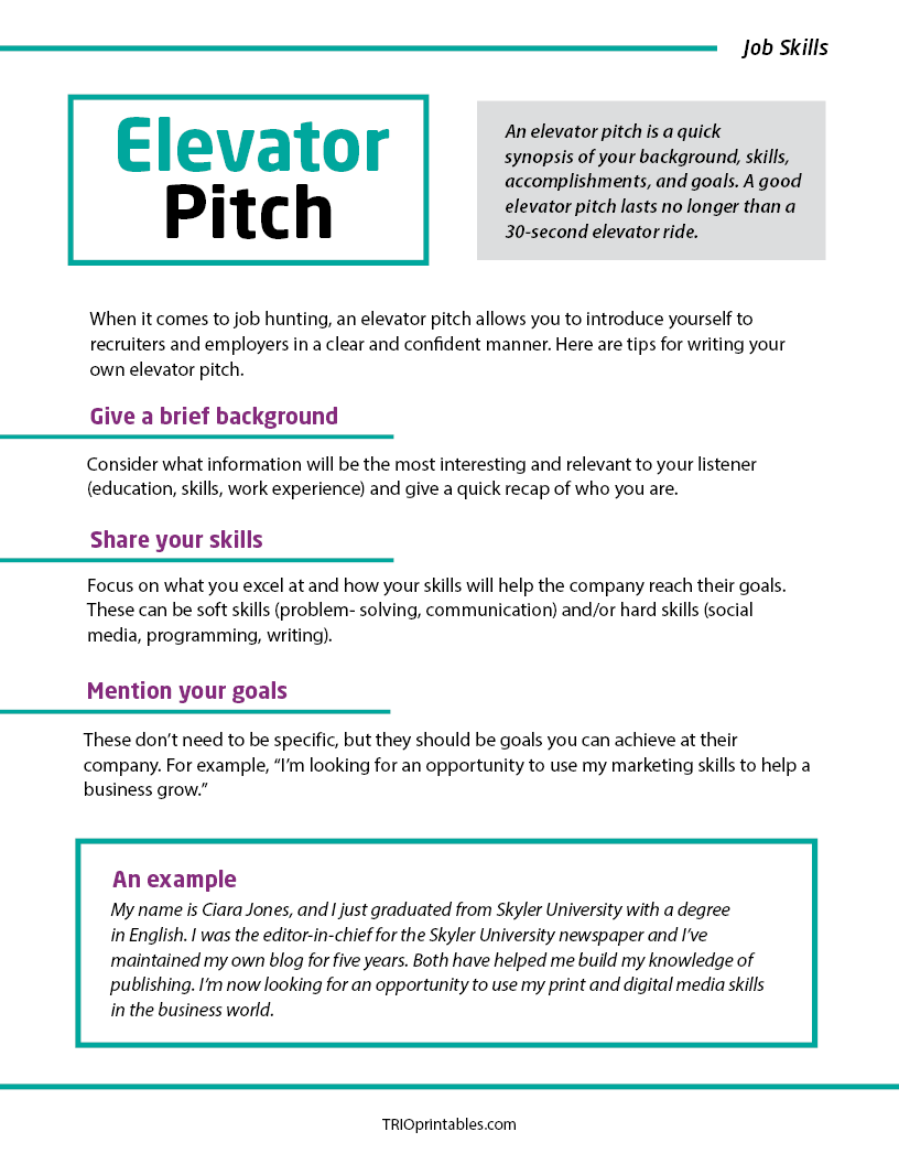 Elevator Pitch Informational Sheet