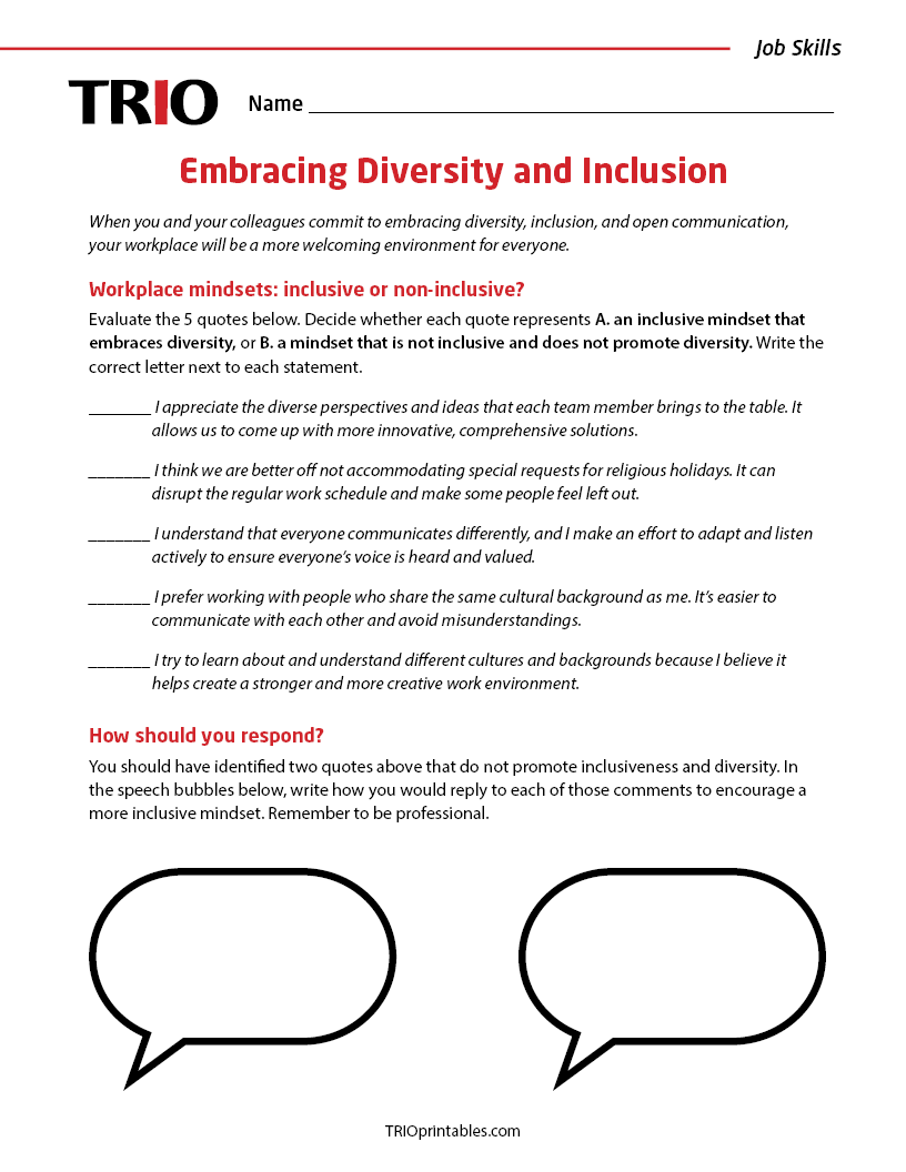 Embracing Diversity and Inclusion Activity Sheet