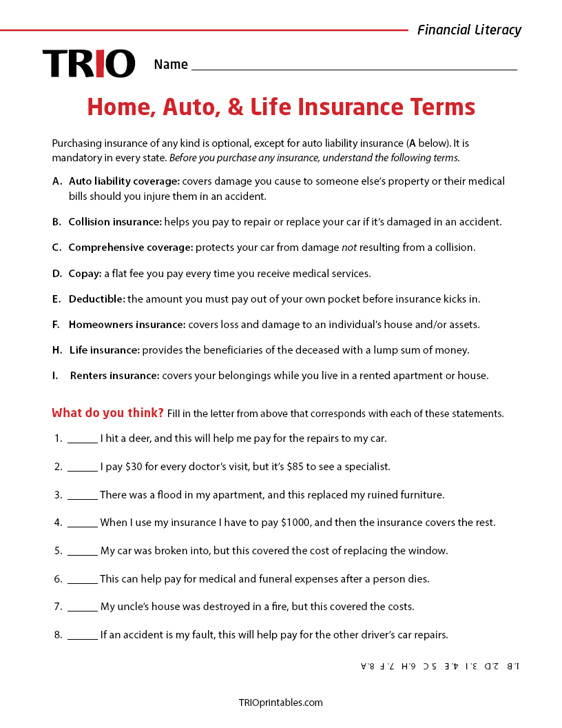 Home, Auto, & Life Insurance Terms Activity Sheet