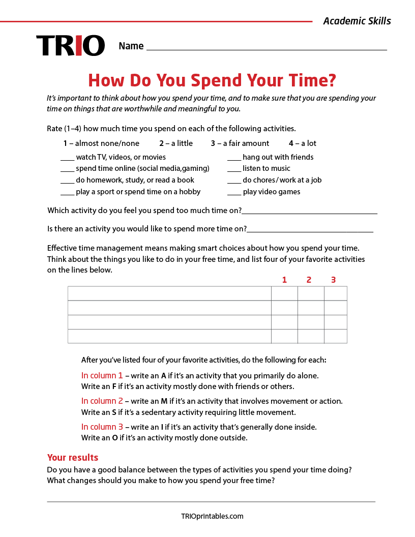 How Do You Spend Your Time? Activity Sheet – TRIO Printables