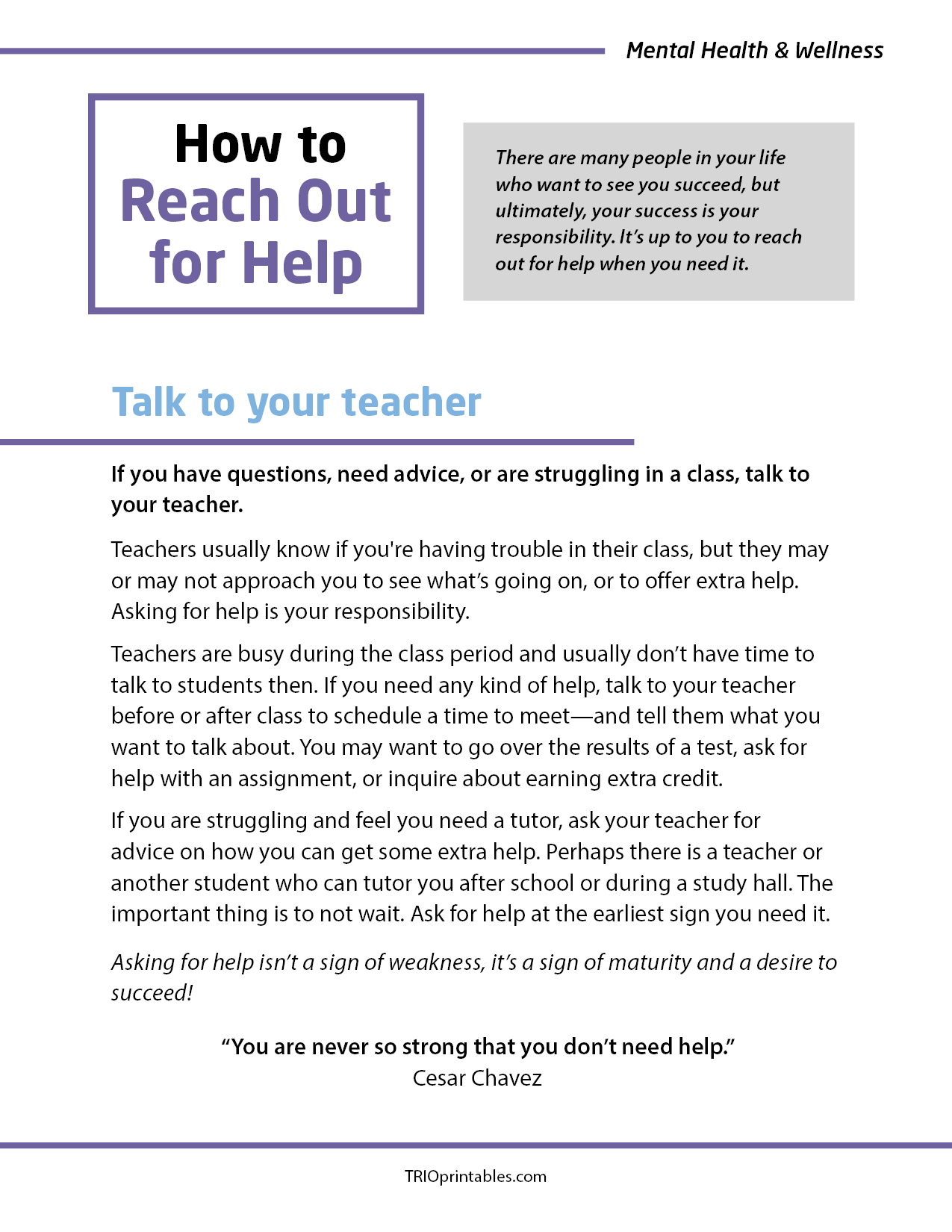 How to Reach Out for Help Informational Sheet