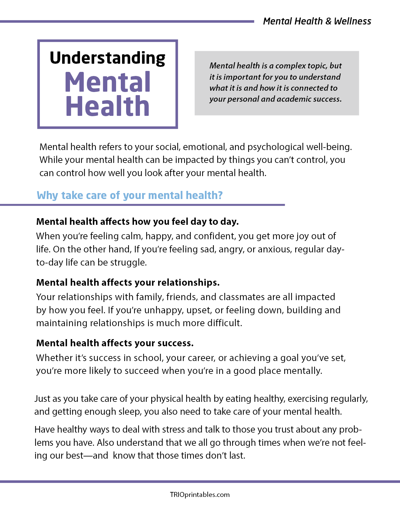 Understanding Mental Health Informational Sheet