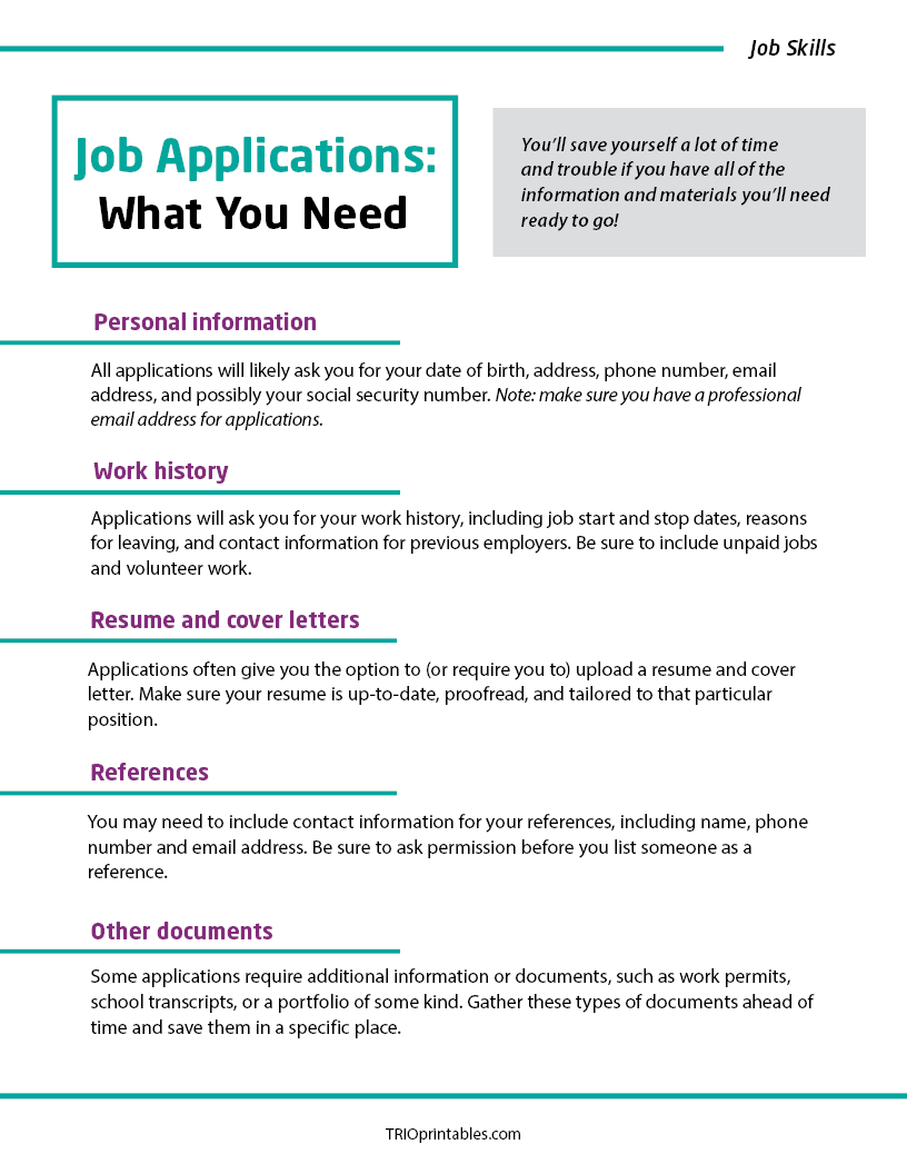 Job Applications: What You Need Informational Sheet