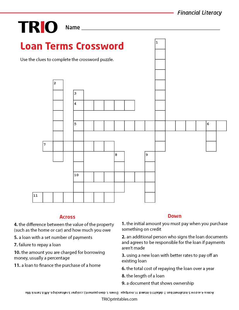 Loan Terms Crossword Activity Sheet TRIO Printables Loan Terms Crossword Activity Sheet TRIO Printables