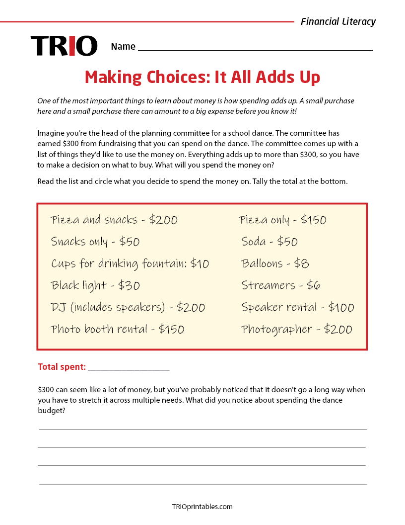 Making Choices: It All Adds Up Activity Sheet