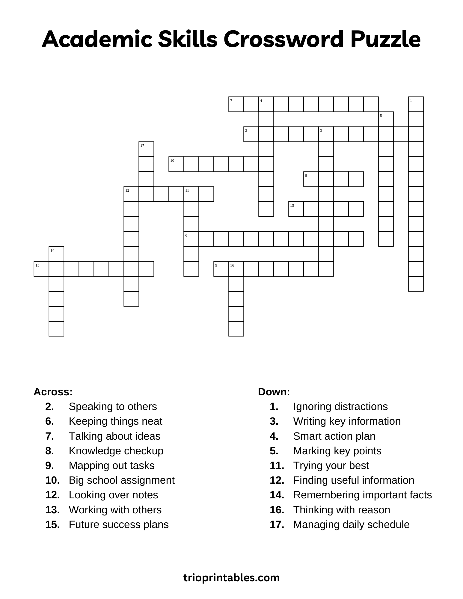 Academic Skills Crossword Puzzle TRIO Printables Academic Skills Crossword Puzzle TRIO Printables