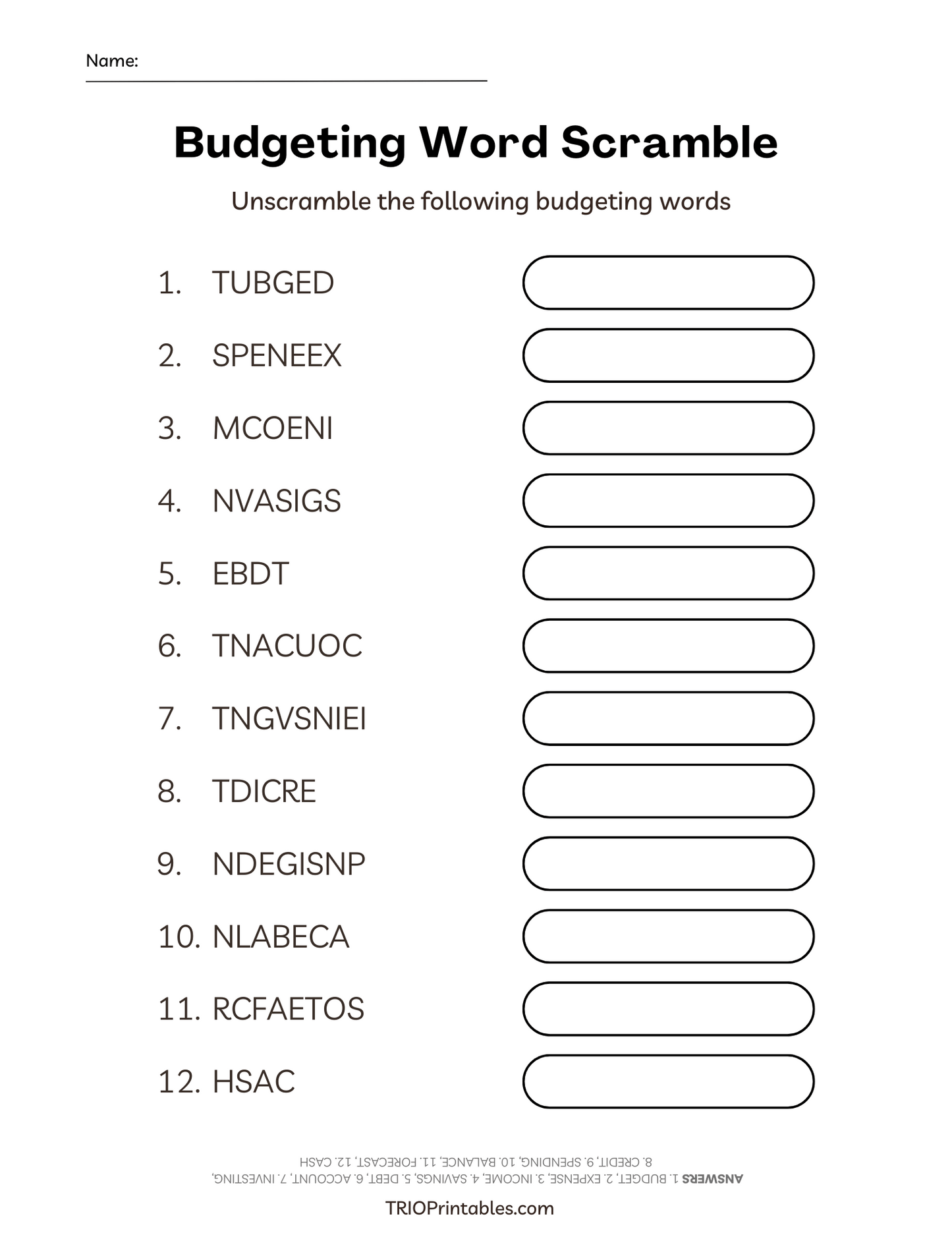 Budgeting Word Scramble Puzzle