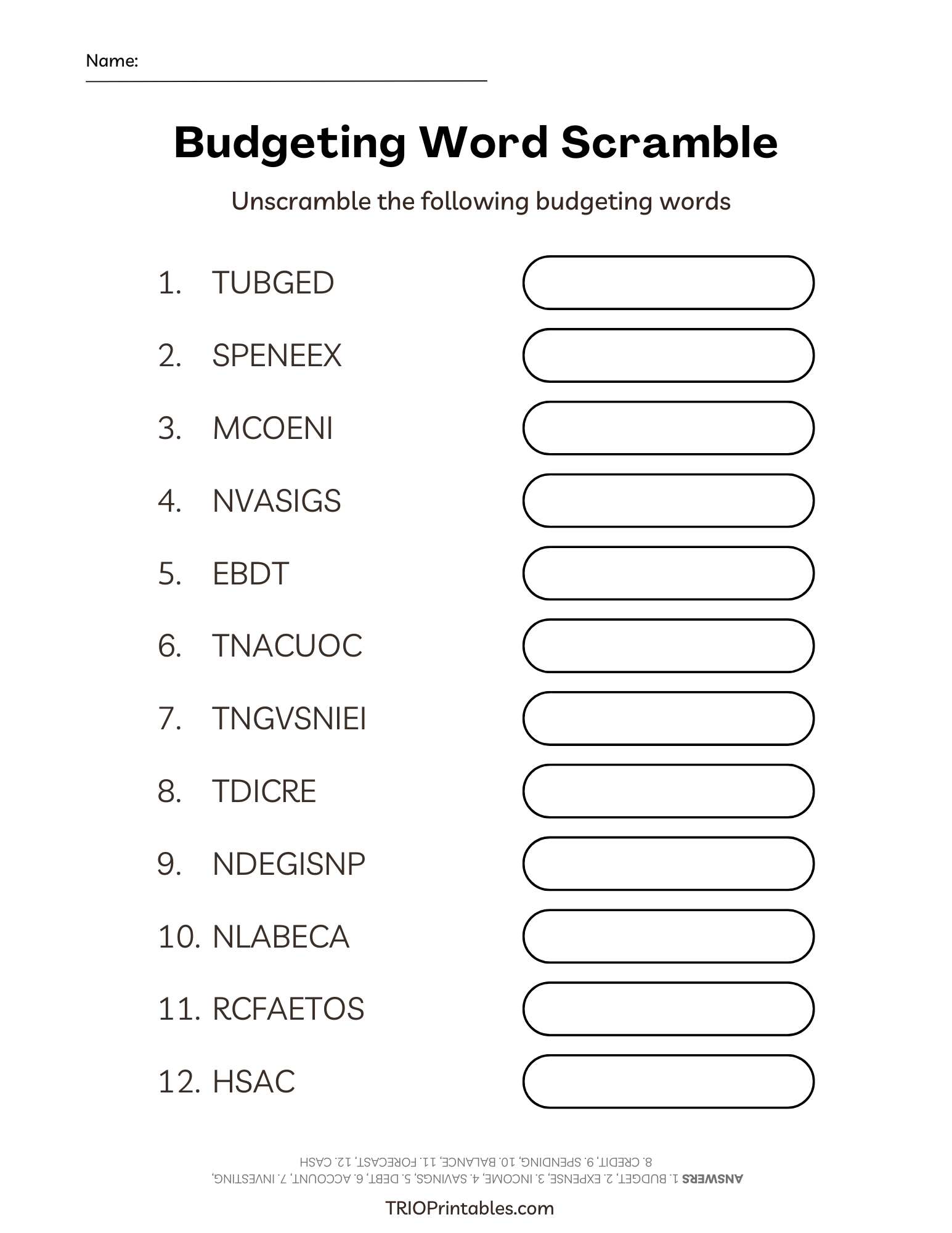 Budgeting Word Scramble Puzzle