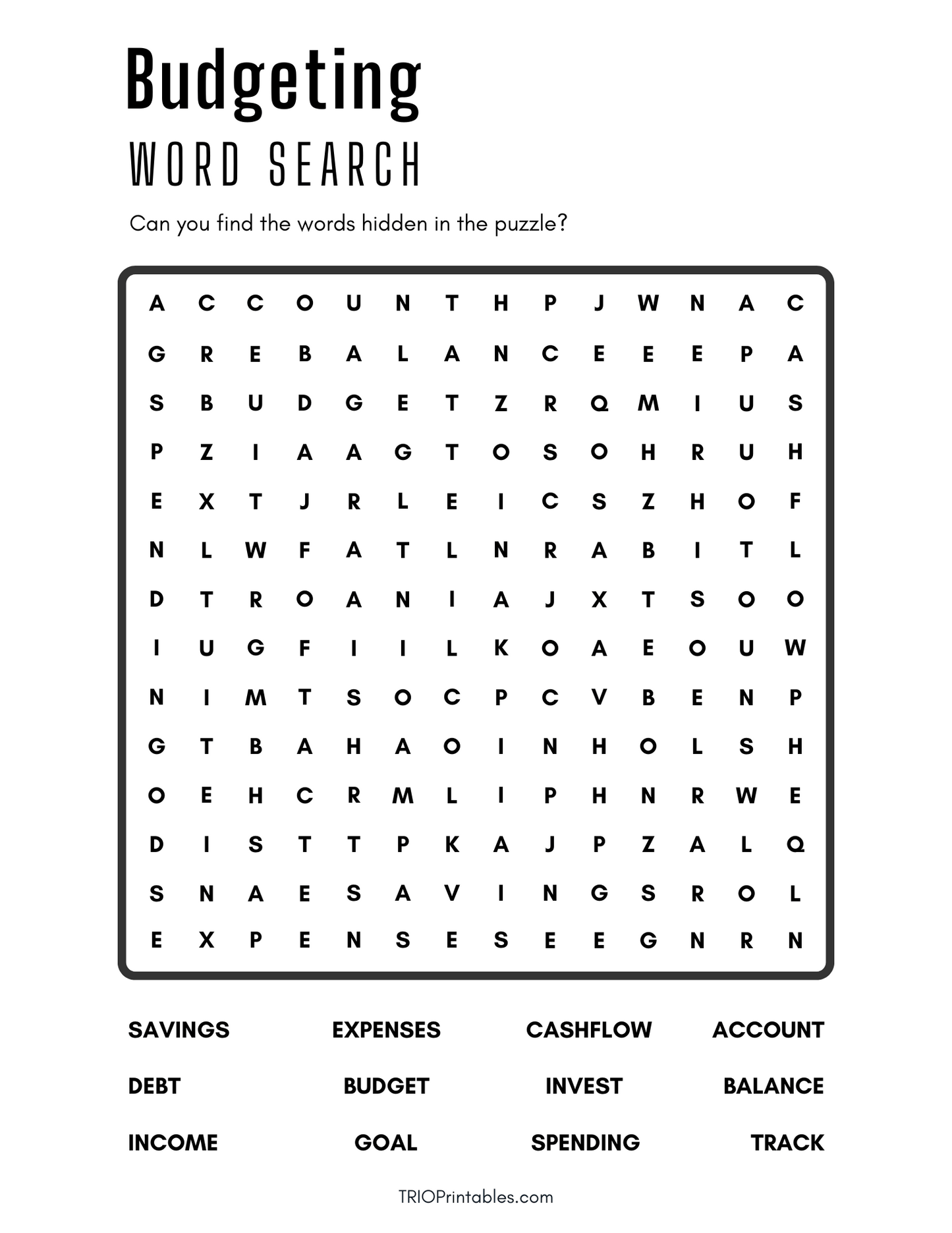 Budgeting Word Search Puzzle