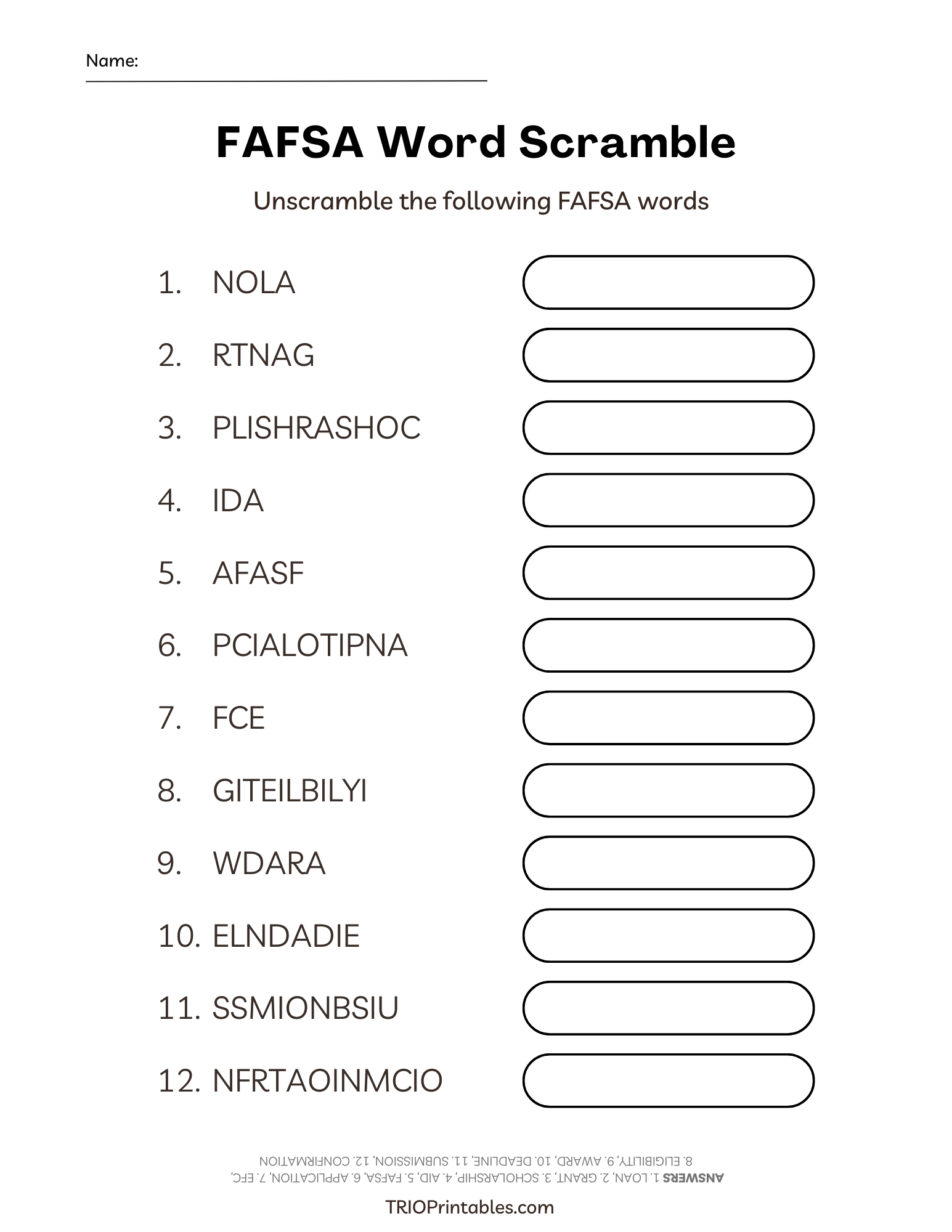 FAFSA Word Scramble Puzzle