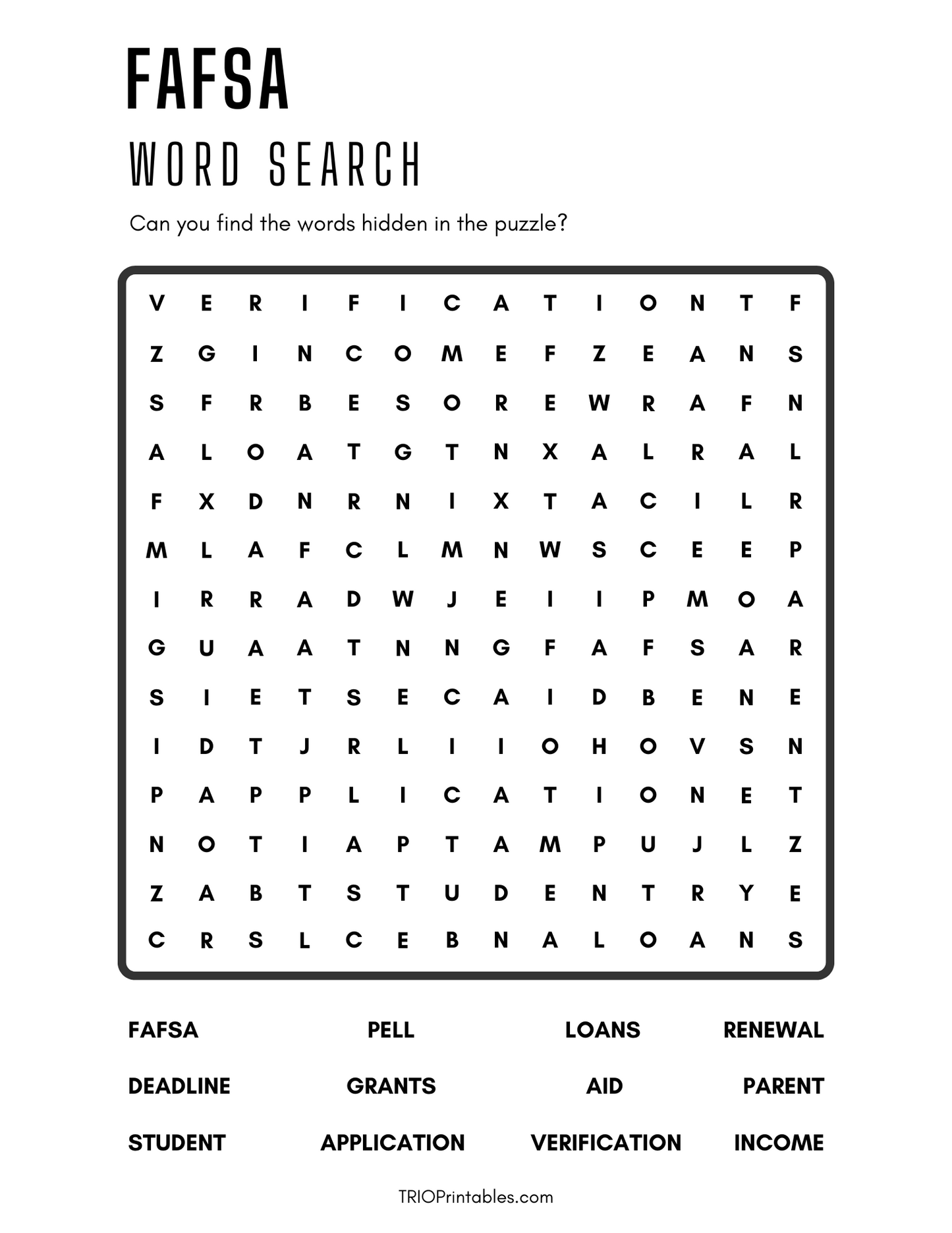 FAFSA Word Search Puzzle