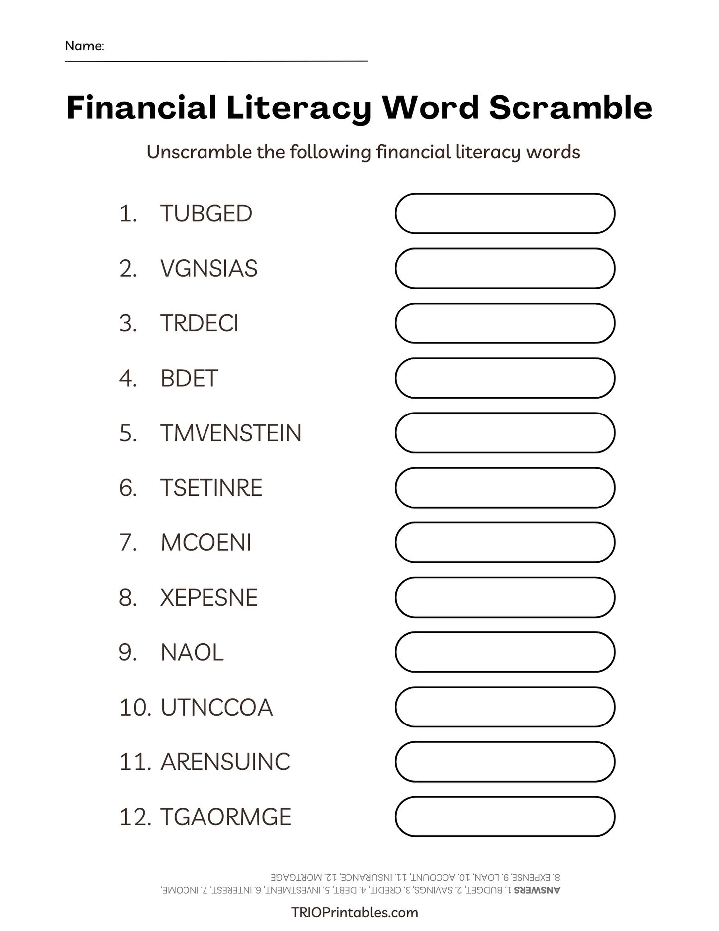 Financial Literacy Word Scramble Puzzle