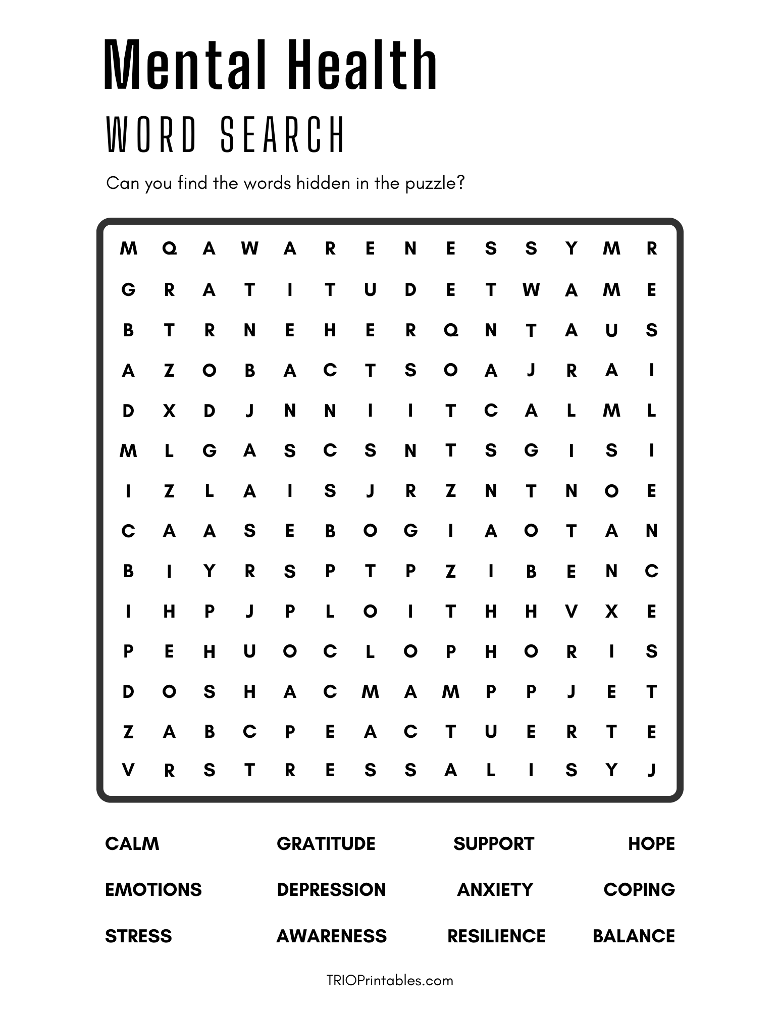 Mental Health Word Search Puzzle