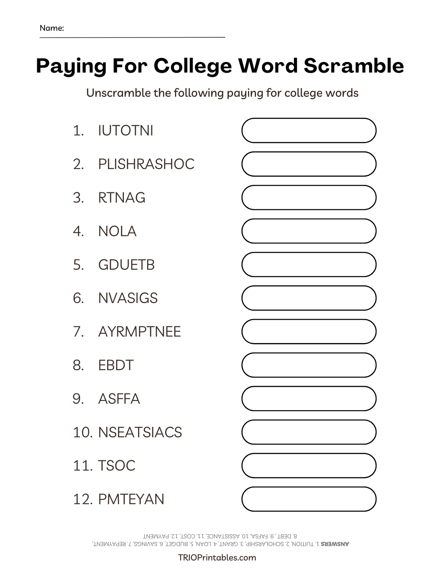 Paying for College Word Scramble Puzzle