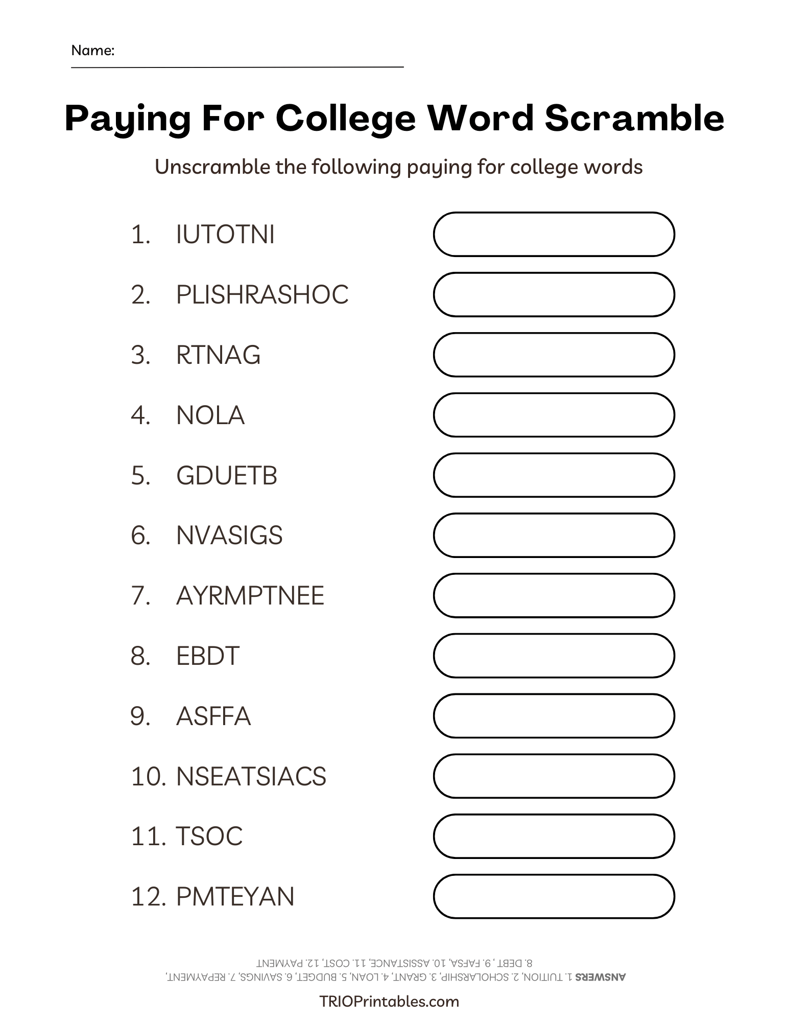 Paying for College Word Scramble Puzzle