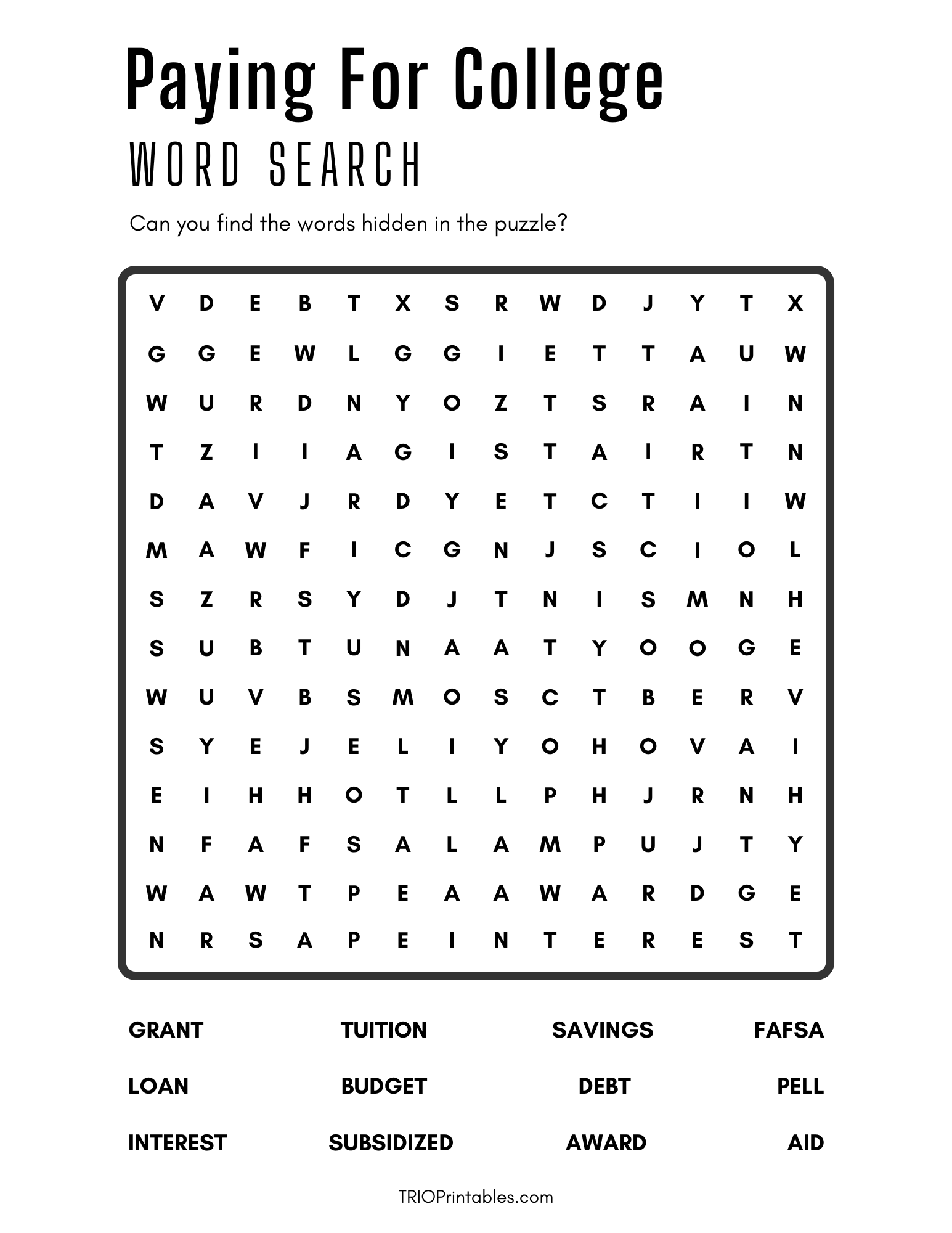 Paying for College Word Search Puzzle