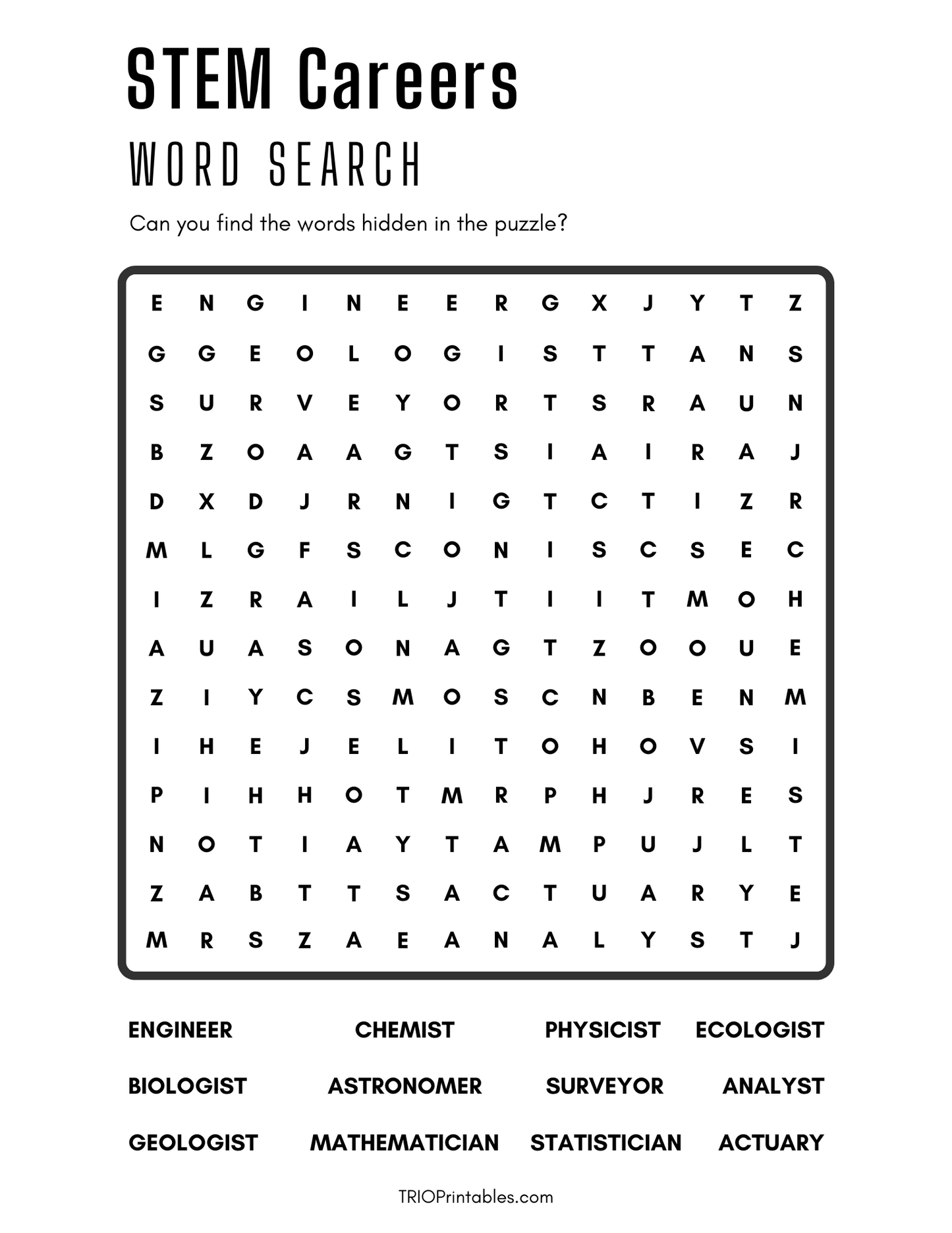 STEM Careers Word Search Puzzle