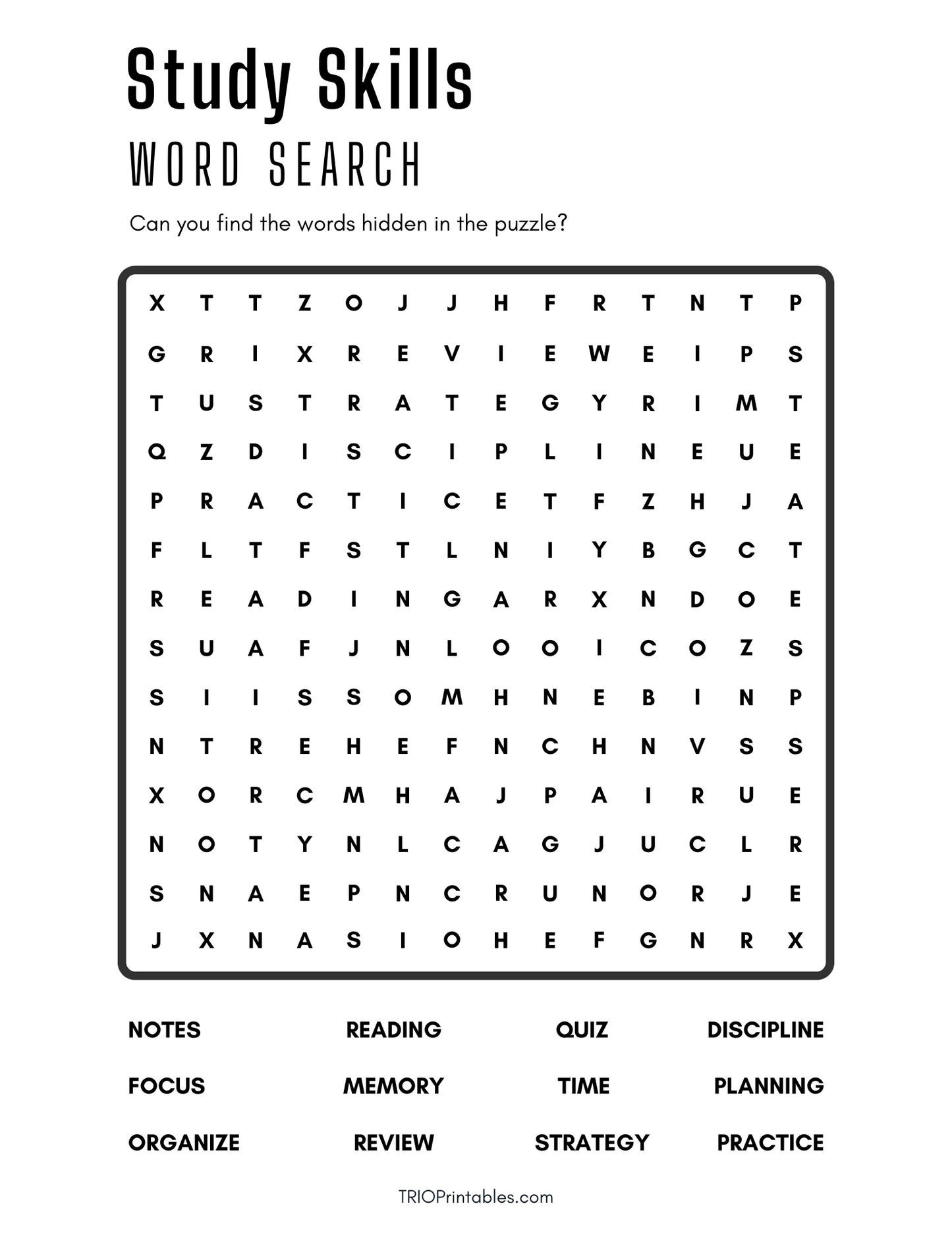 Study Skills Word Search Puzzle
