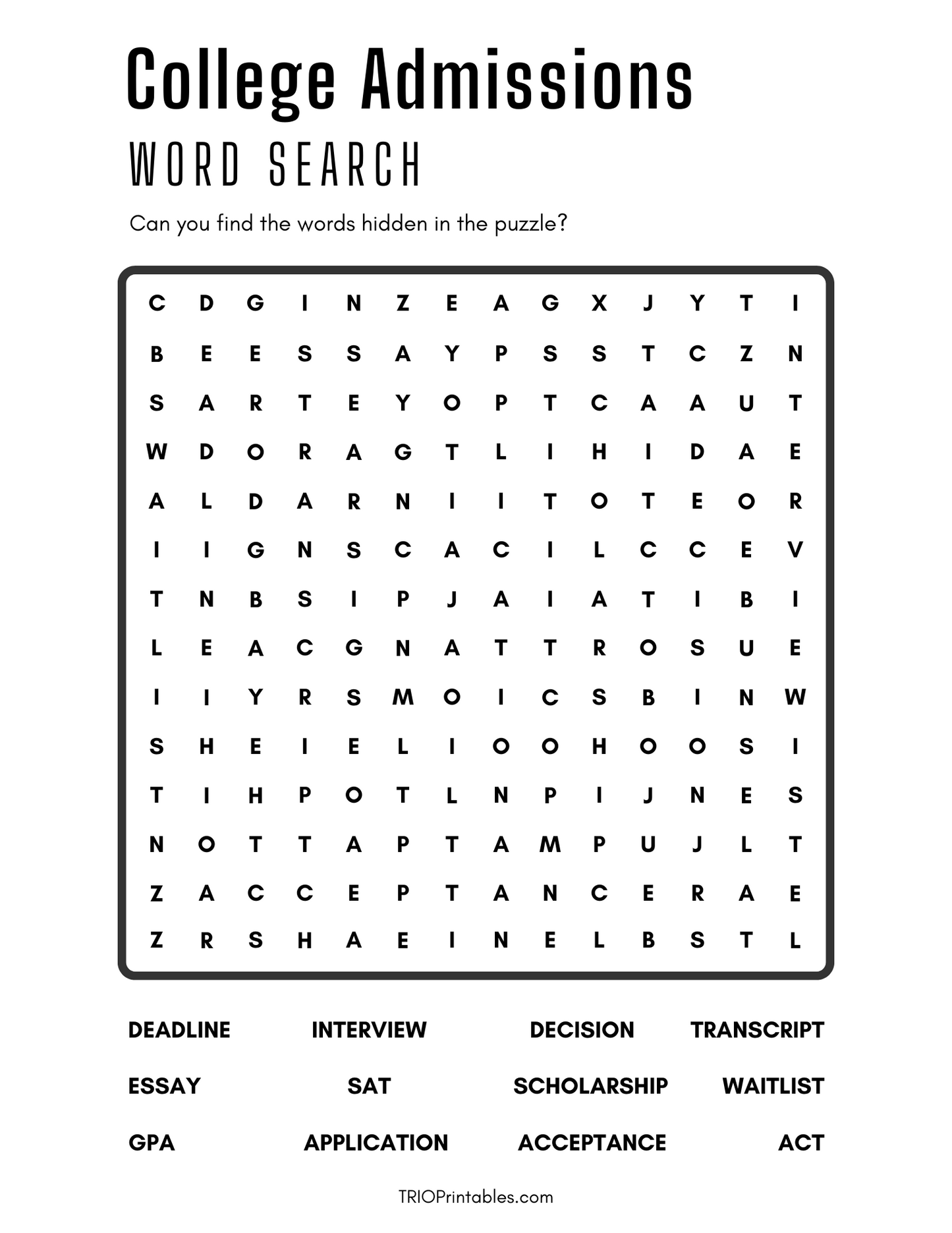College Admissions Word Search Puzzle