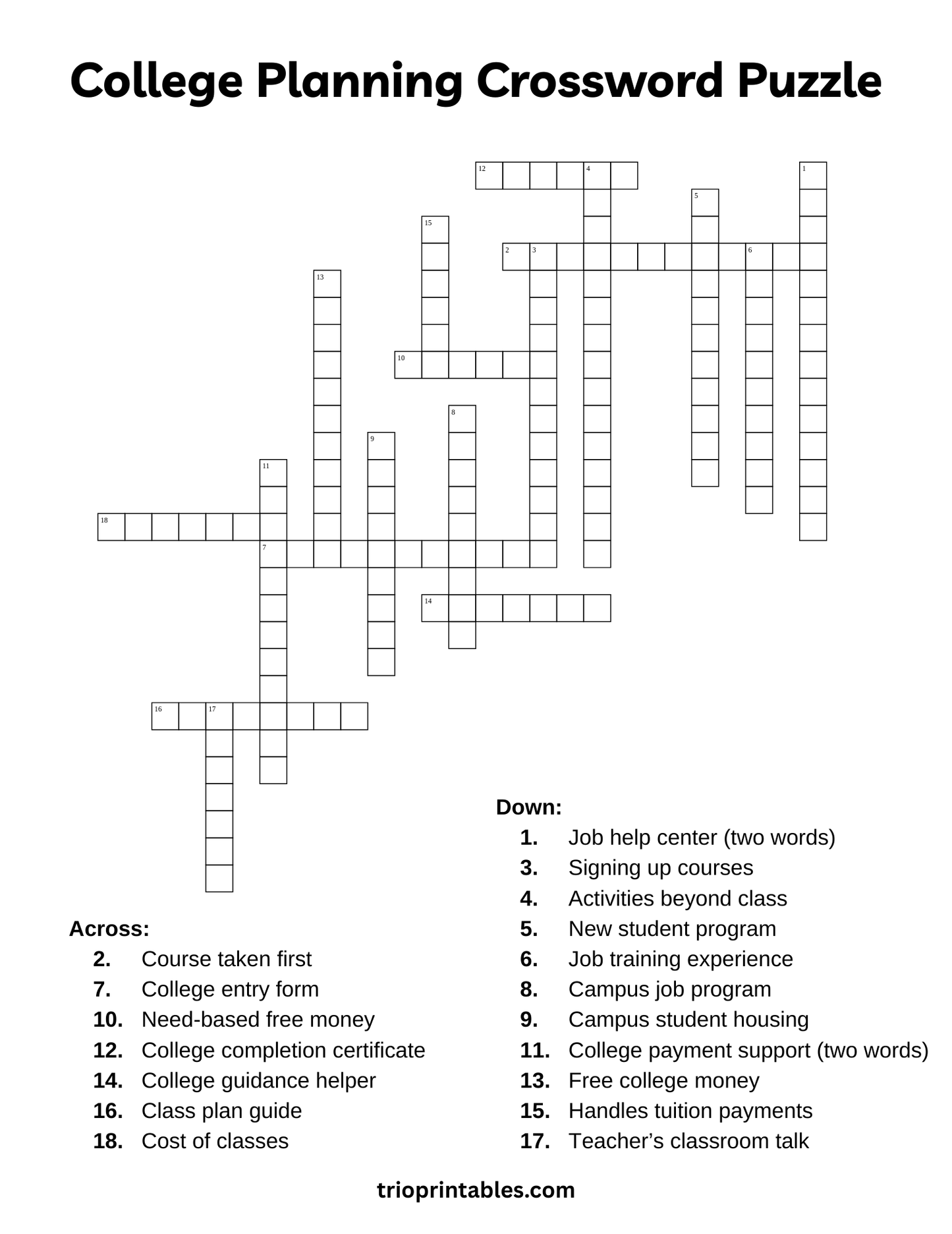College Planning Crossword Puzzle