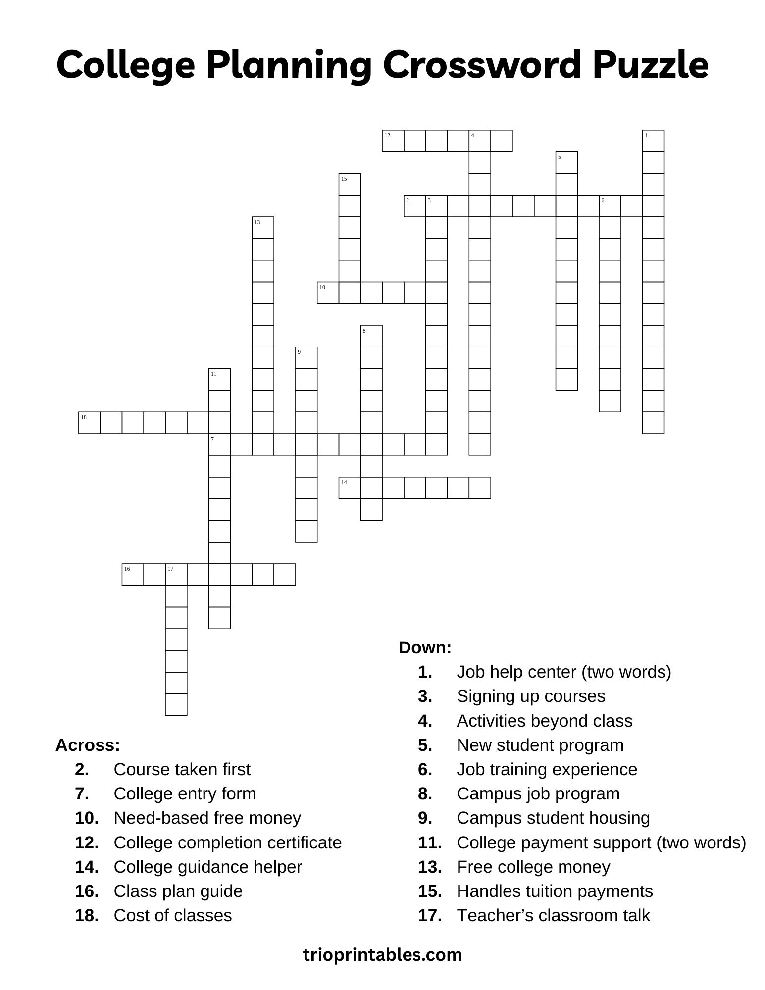College Planning Crossword Puzzle
