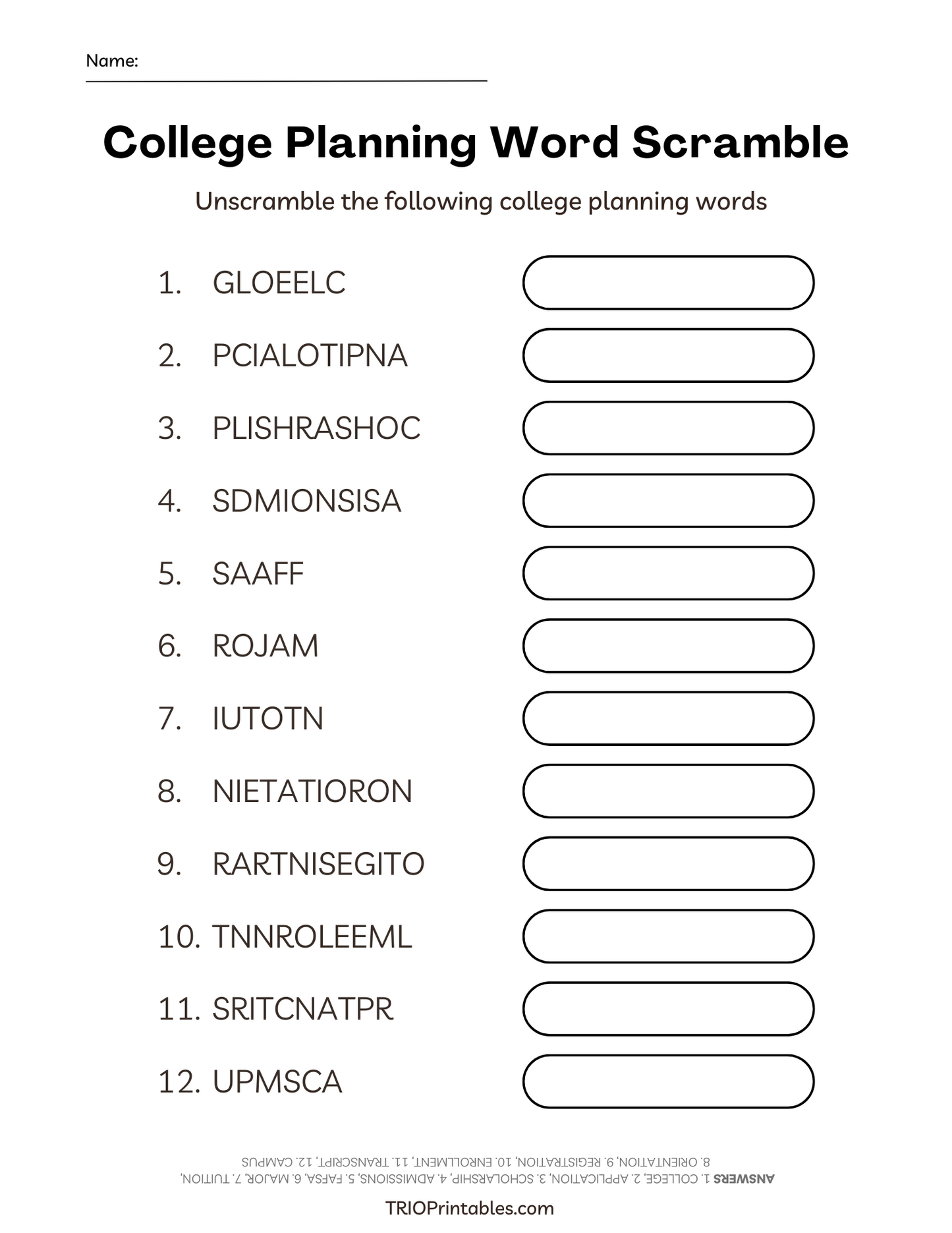 College Planning Word Scramble Puzzle