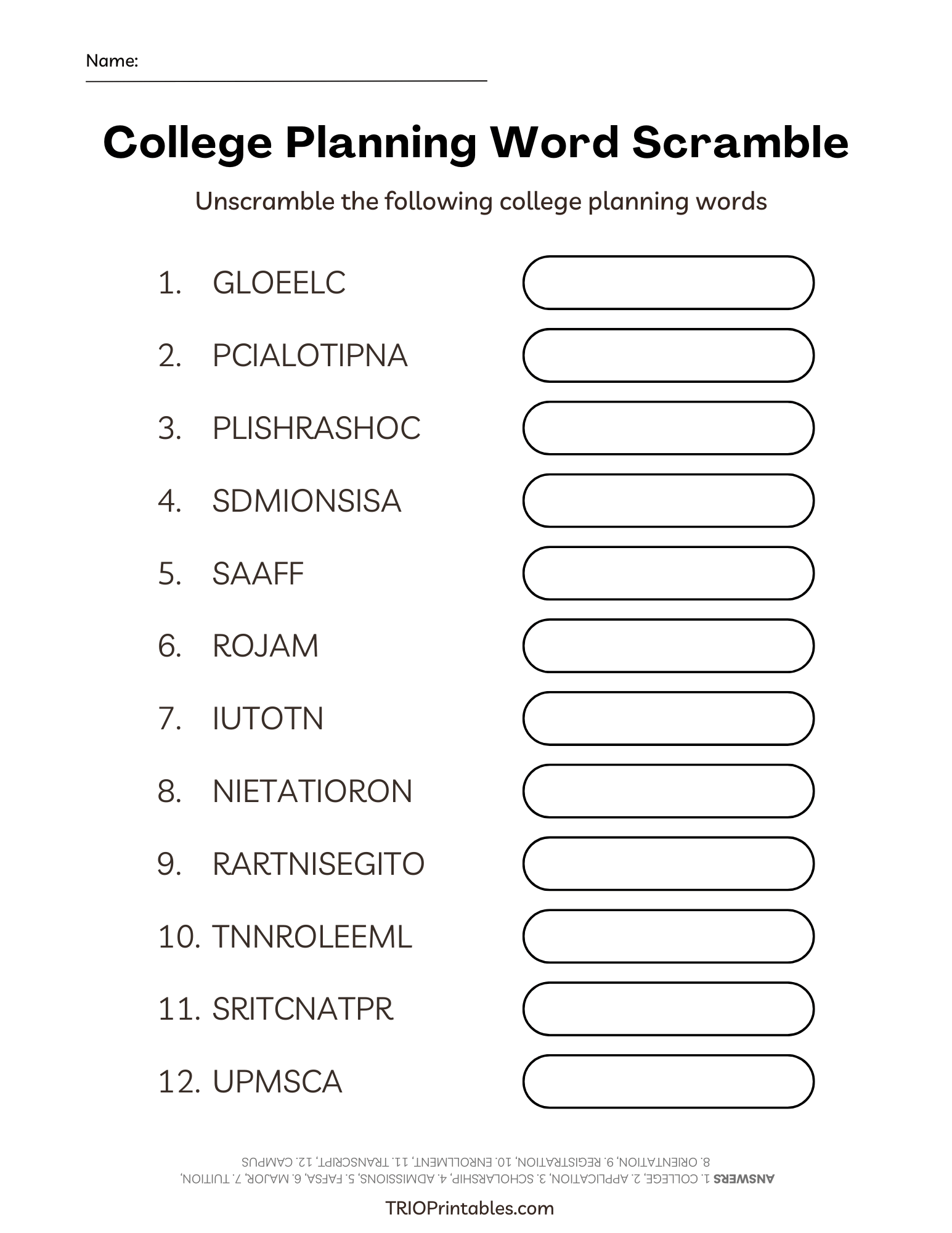 College Planning Word Scramble Puzzle