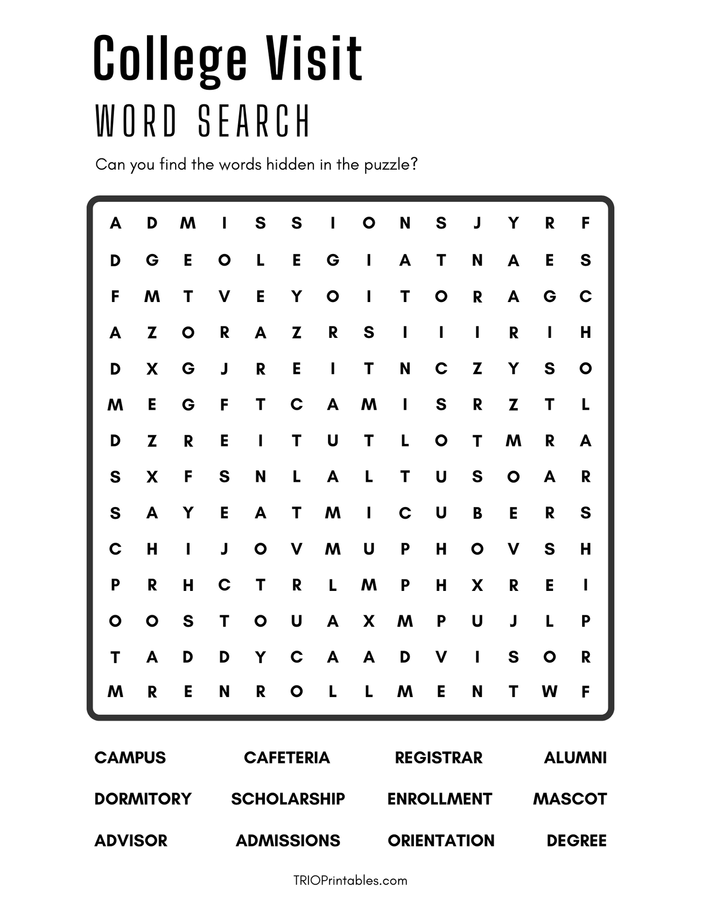 College Visit Word Search Puzzle