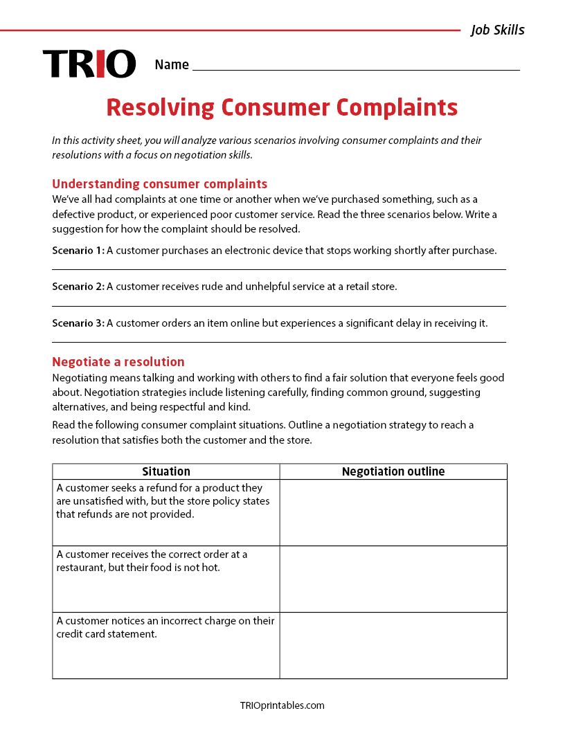 Resolving Consumer Complaints Activity Sheet