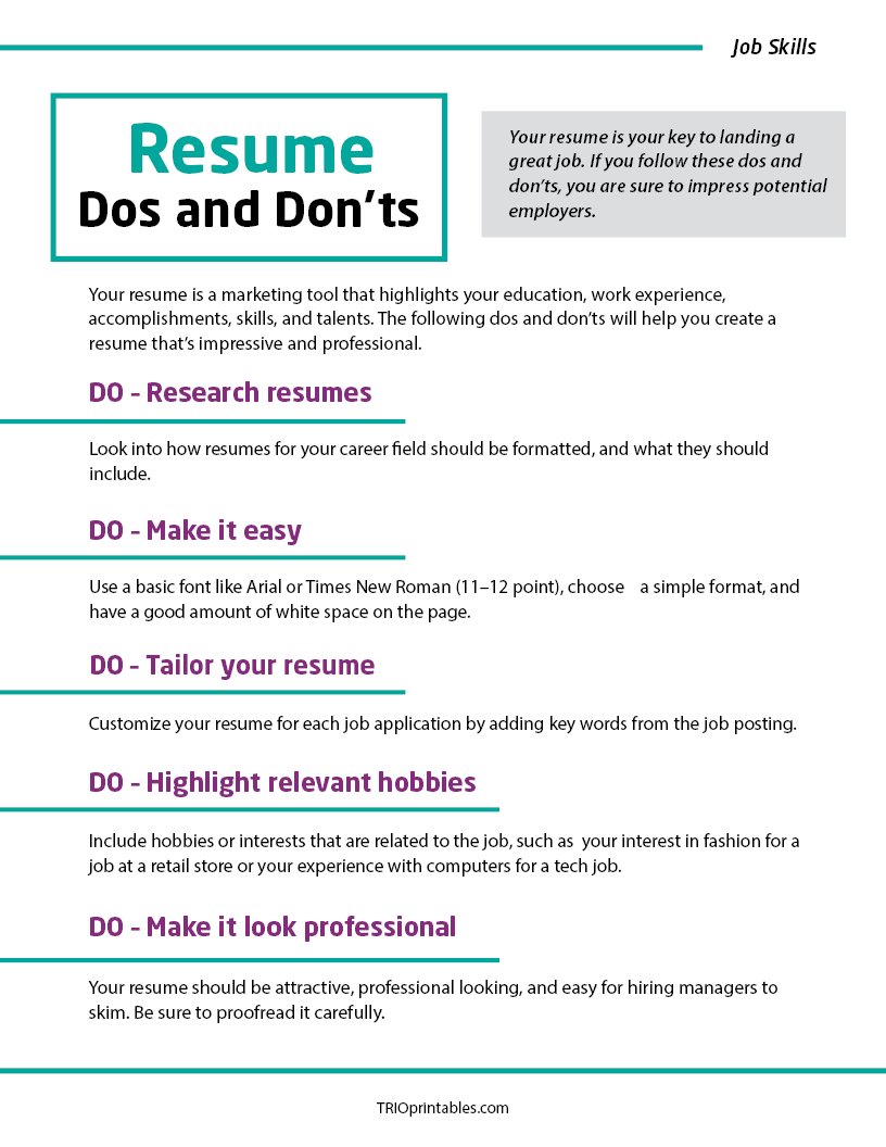 Resume Dos and Don'ts Informational Sheet