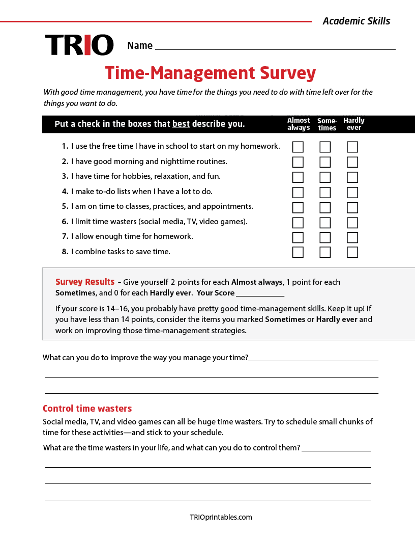 Time-Management Survey Activity Sheet – TRIO Printables