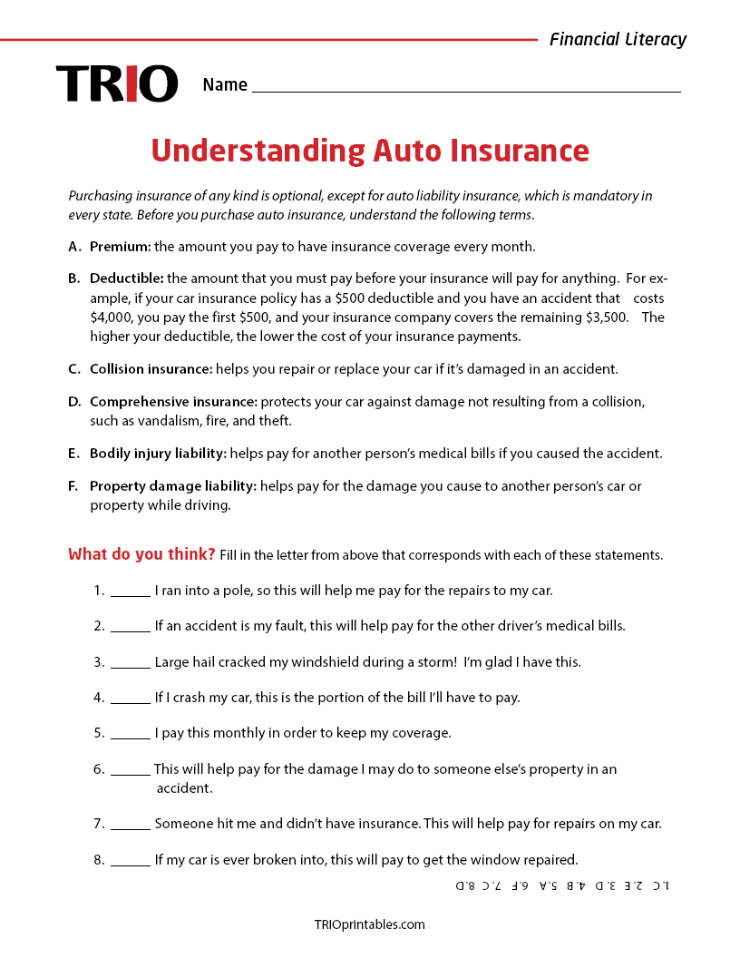 Understanding Auto Insurance Activity Sheet