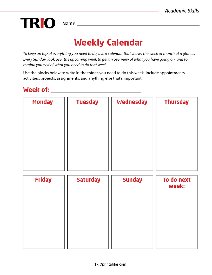 Weekly Calendar Activity Sheet