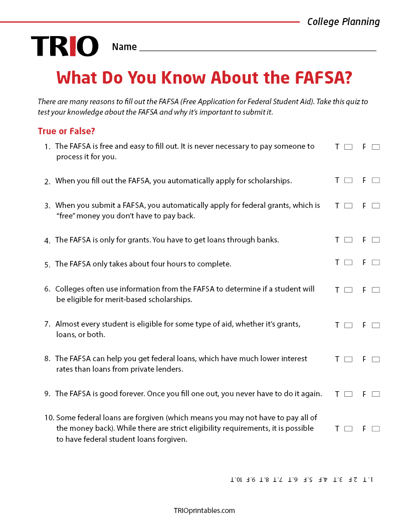 What Do You Know About the FAFSA? Activity Sheet – TRIO Printables