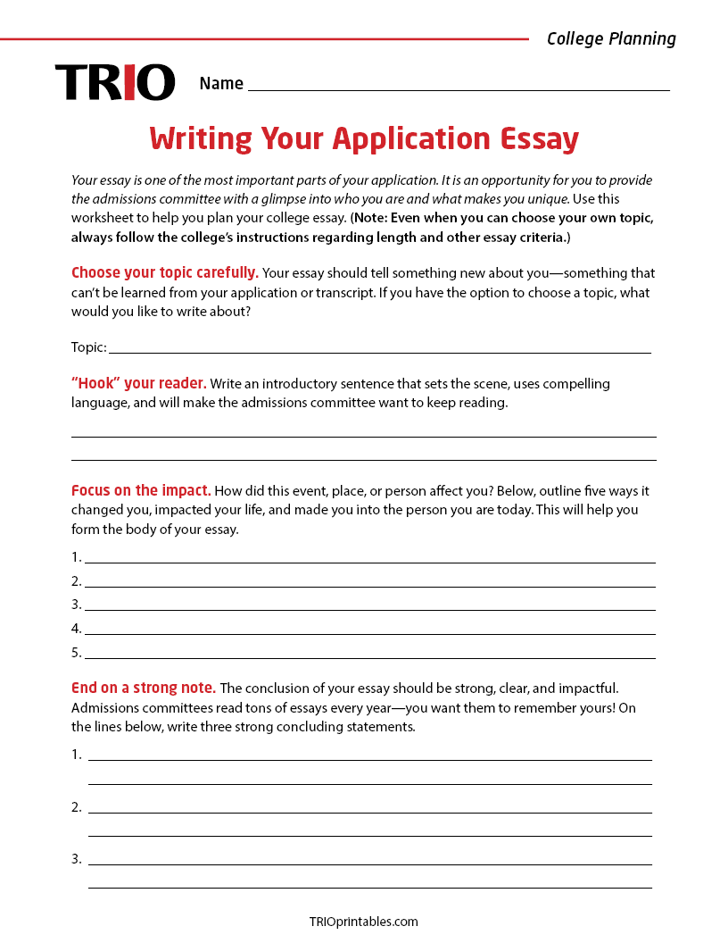 Writing Your Application Essay Activity Sheet