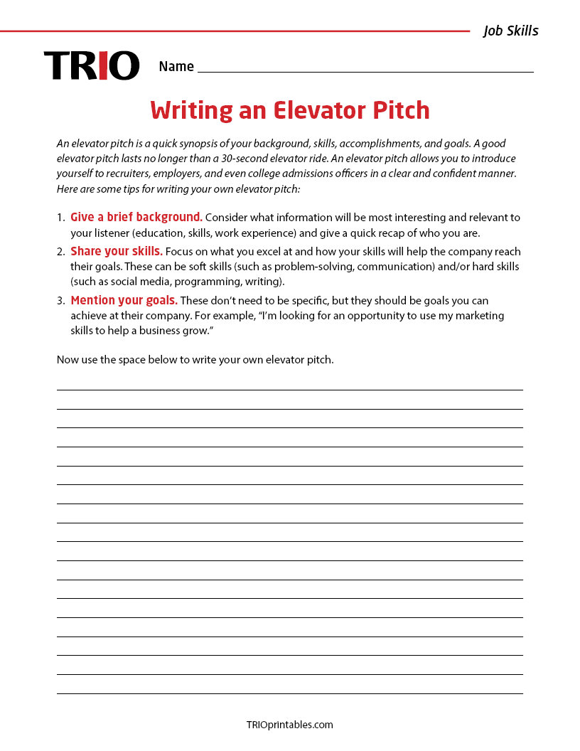 Writing an Elevator Pitch Activity Sheet