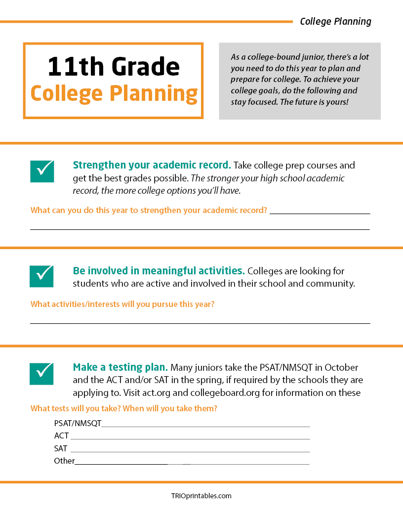 11th Grade College Planning Informational Sheet
