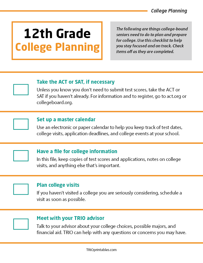 12th Grade College Planning Informational Sheet
