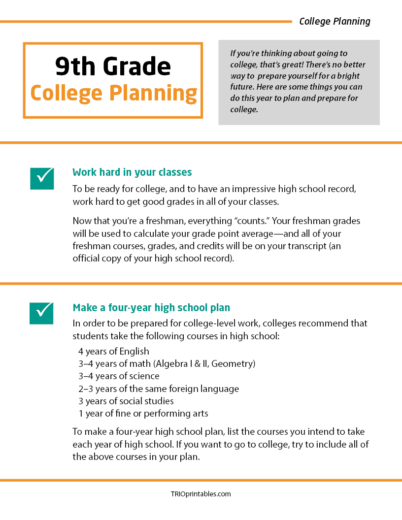 9th Grade College Planning Informational Sheet