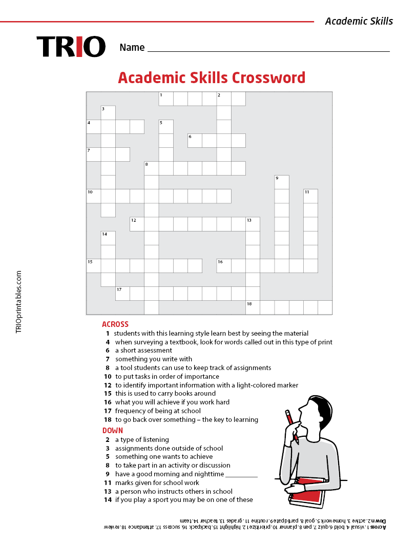 Academic Skills Crossword Activity Sheet TRIO Printables Academic Skills Crossword Activity Sheet TRIO Printables