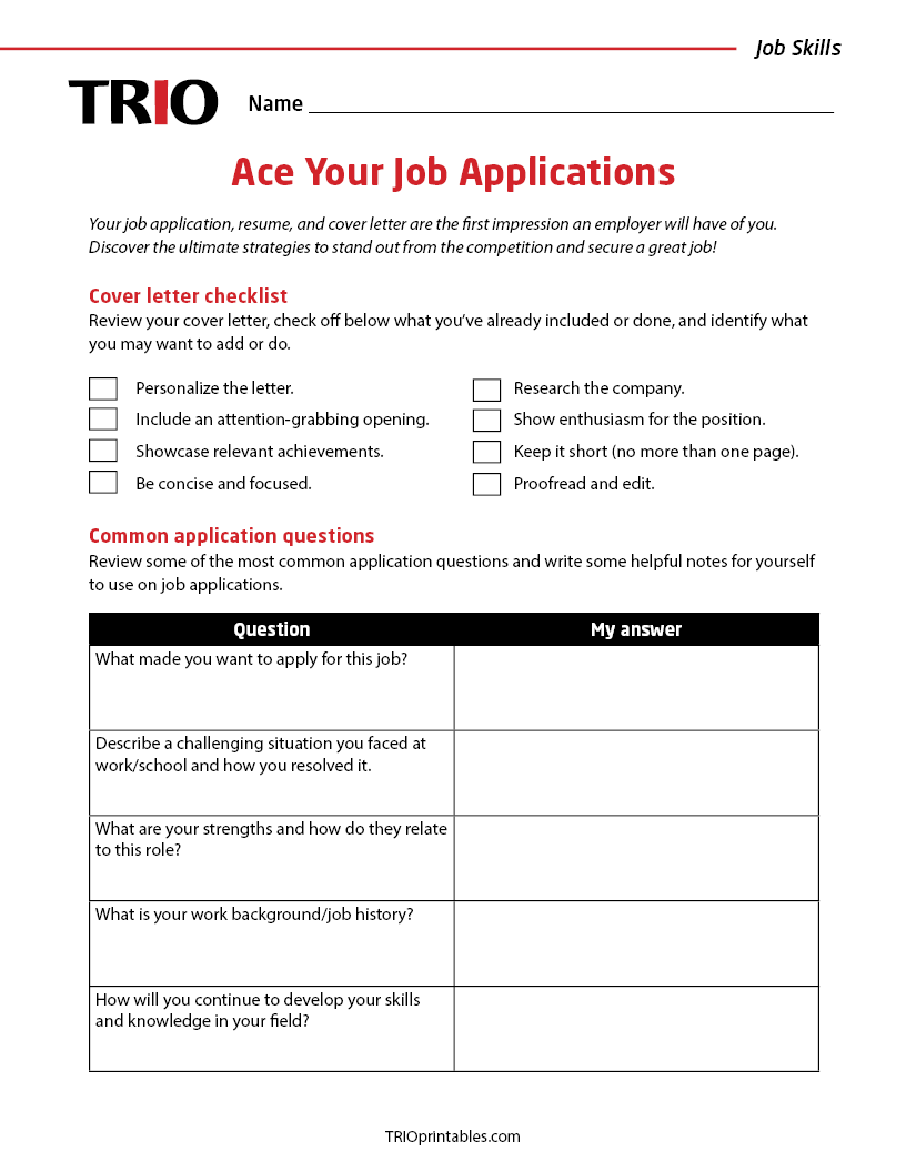 Ace Your Job Applications Activity Sheet – TRIO Printables