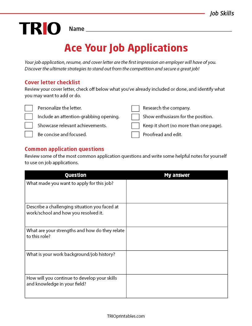 Ace Your Job Applications Activity Sheet